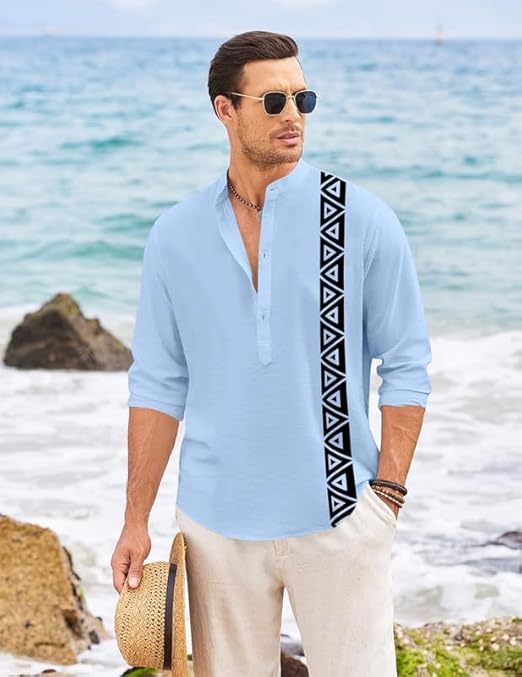 Men’s Short Kurta with Printed Geometric Side Panel | Cotton Blend Full Sleeve Ethnic Topwear with Mandarin Collar | Stylish Indo-Fusion Kurta for Daily, Festive, or Casual Wear