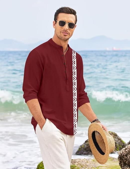 Men’s Short Kurta with Printed Geometric Side Panel | Cotton Blend Full Sleeve Ethnic Topwear with Mandarin Collar | Stylish Indo-Fusion Kurta for Daily, Festive, or Casual Wear