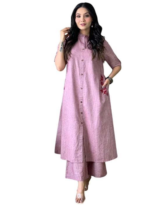 Prarthana Enterprises Women's Cotton Embroiderd Long A-Line Kurti with Palazzo