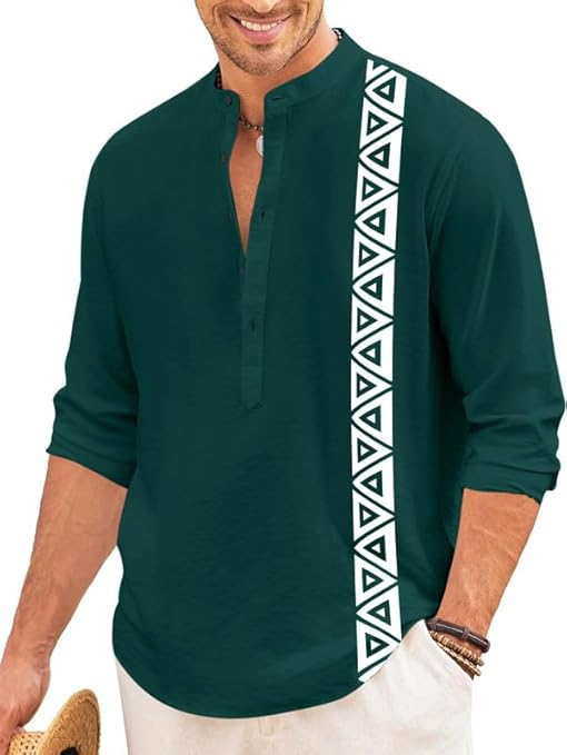 Men’s Short Kurta with Printed Geometric Side Panel | Cotton Blend Full Sleeve Ethnic Topwear with Mandarin Collar | Stylish Indo-Fusion Kurta for Daily, Festive, or Casual Wear