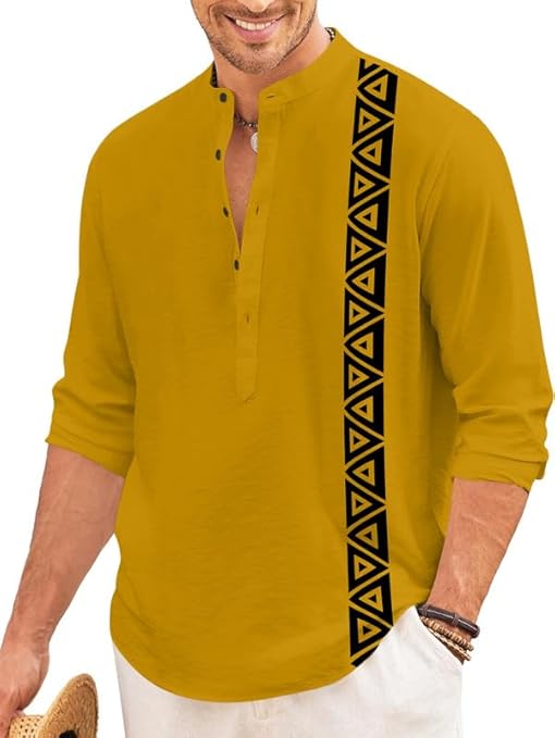 Men’s Short Kurta with Printed Geometric Side Panel | Cotton Blend Full Sleeve Ethnic Topwear with Mandarin Collar | Stylish Indo-Fusion Kurta for Daily, Festive, or Casual Wear