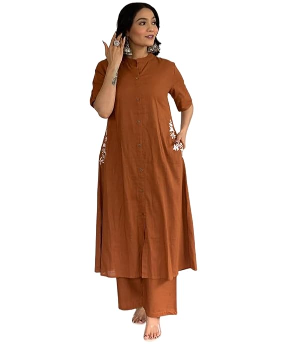 Prarthana Enterprises Women's Cotton Embroiderd Long A-Line Kurti with Palazzo