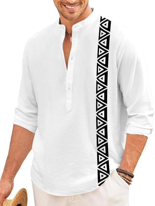 Men’s Short Kurta with Printed Geometric Side Panel | Cotton Blend Full Sleeve Ethnic Topwear with Mandarin Collar | Stylish Indo-Fusion Kurta for Daily, Festive, or Casual Wear