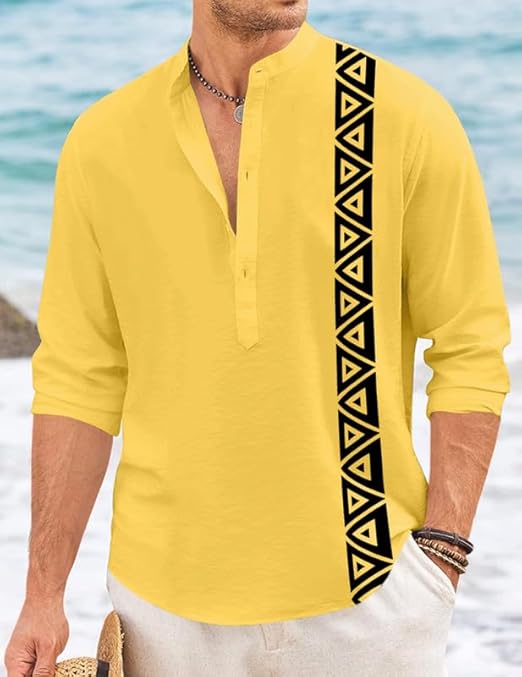 Men’s Short Kurta with Printed Geometric Side Panel | Cotton Blend Full Sleeve Ethnic Topwear with Mandarin Collar | Stylish Indo-Fusion Kurta for Daily, Festive, or Casual Wear