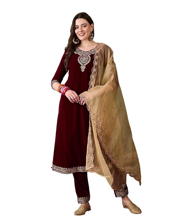 Set for Women - Maroon Velvet Zari Sequence Cording Embroidered Kurta with Pant and Cutwork Organza Dupatta