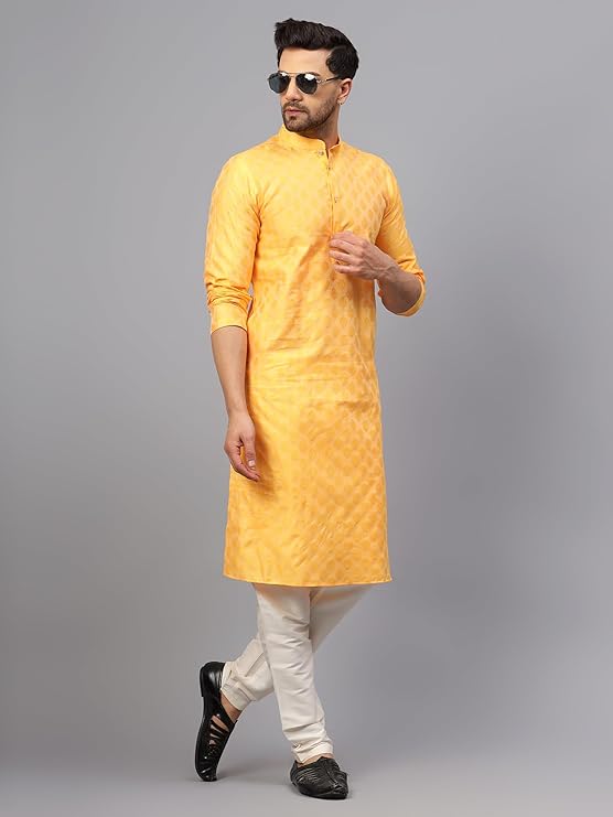 Men's Silk Blend Jacquard Kurta Set with Off-White Pant Style Pajama | Festive&Wedding-Ethnic-Wear