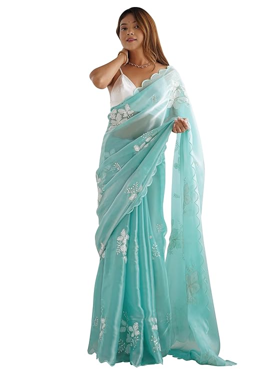 Women's Shimmer Organza Sequence Embroidery Saree With Unstitched Blouse Piece