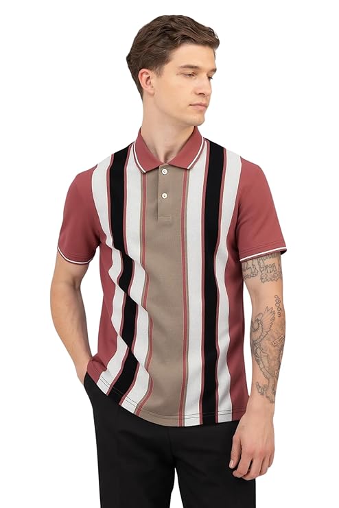 SANE ORIGINALS Textured Polo T-Shirt for Men in Vertical Stripes