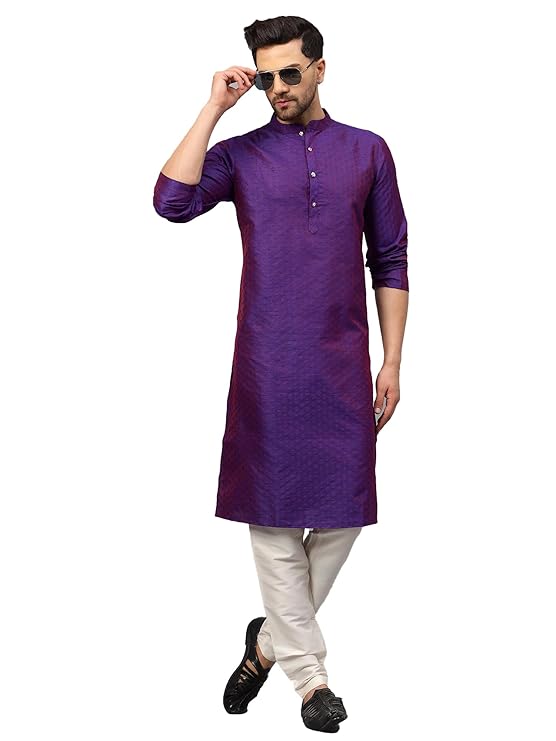 Men's Silk Blend Jacquard Kurta Set with Off-White Pant Style Pajama | Festive&Wedding-Ethnic-Wear