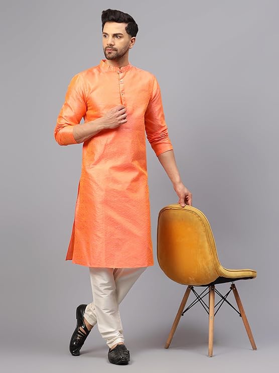 Men's Silk Blend Jacquard Kurta Set with Off-White Pant Style Pajama | Festive&Wedding-Ethnic-Wear