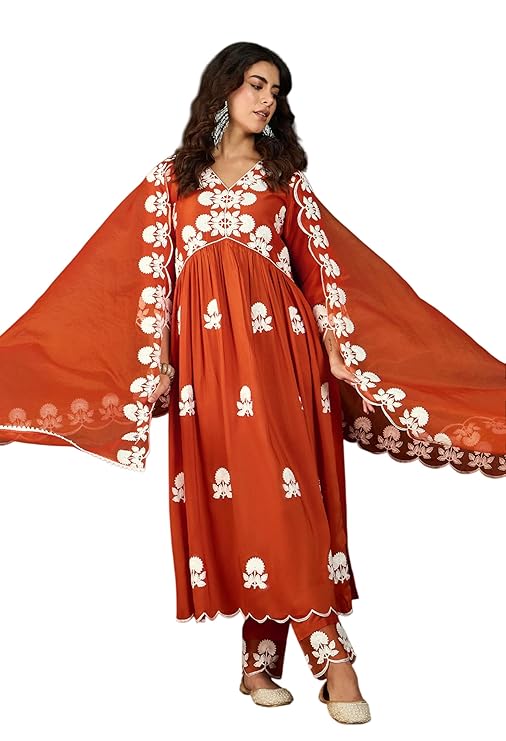 SheWill Women's Silk Blend Chain Work Embroidered A Line Kurta with Pant Set For Wedding, Ethnic Wear
