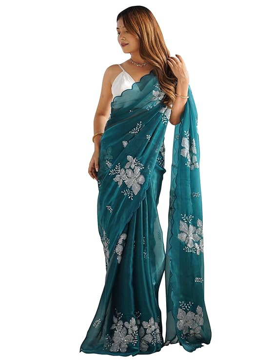 Women's Shimmer Organza Sequence Embroidery Saree With Unstitched Blouse Piece