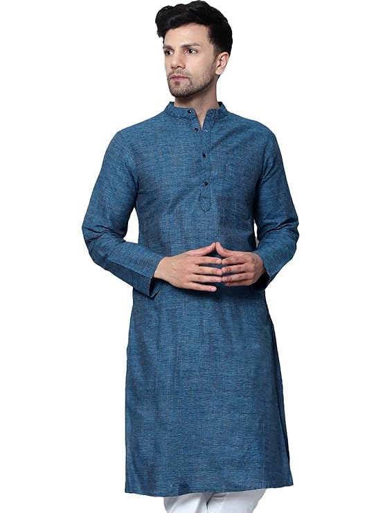 Men's Cotton Regular Textured Long Kurta Full Sleeves - Casual Ethnic Wear