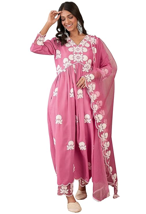 SheWill Women's Silk Blend Chain Work Embroidered A Line Kurta with Pant Set For Wedding, Ethnic Wear