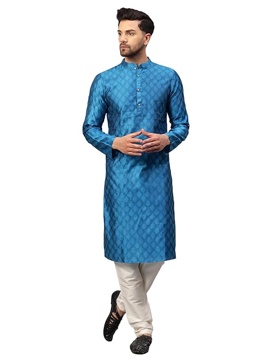 Men's Silk Blend Jacquard Kurta Set with Off-White Pant Style Pajama | Festive&Wedding-Ethnic-Wear