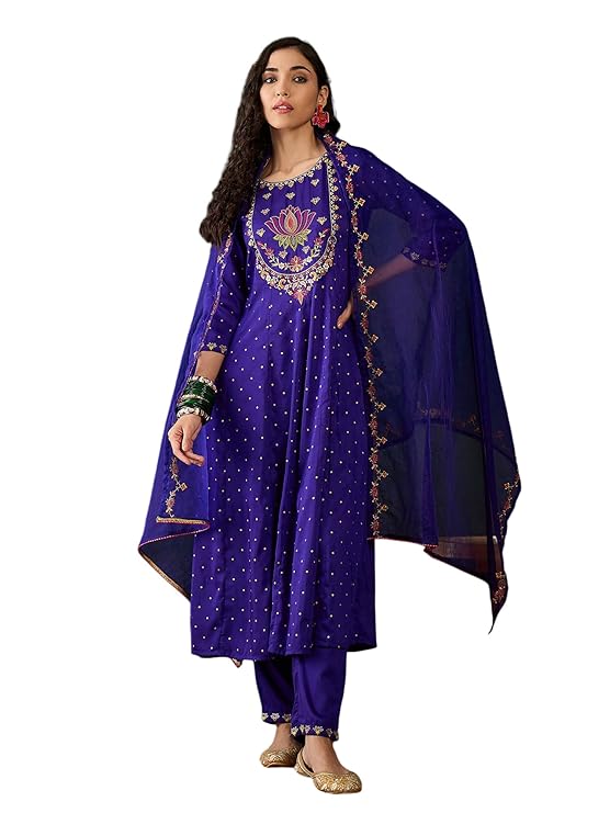 SheWill Blue Silk Blend Kurta Set with Zari and Thread Work Embroidery with Pant and Dupatta Traditional Ethnic Wear for Women