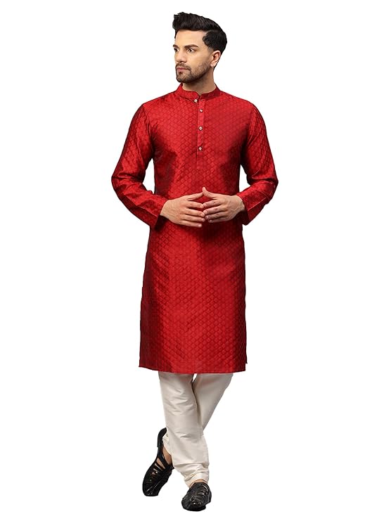 Men's Silk Blend Jacquard Kurta Set with Off-White Pant Style Pajama | Festive&Wedding-Ethnic-Wear