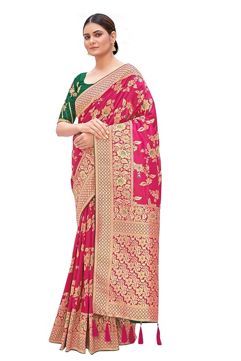 Women's Banarasi Silk Blend Zari Woven Work With Tussles Saree and Embroidered Work Blouse Piece
