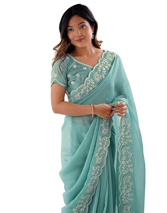 Women's Tissue Soft Silk Embroidered Saree With Unstitched Blouse
