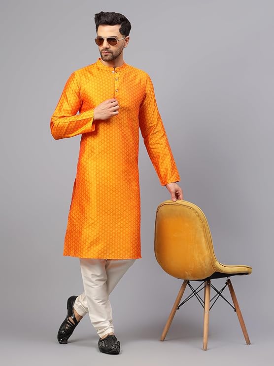 Men's Silk Blend Jacquard Kurta Set with Off-White Pant Style Pajama | Festive&Wedding-Ethnic-Wear