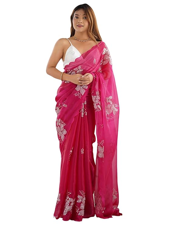 Women's Shimmer Organza Sequence Embroidery Saree With Unstitched Blouse Piece