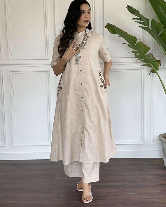 Prarthana Enterprises Women's Cotton Embroiderd Long A-Line Kurti with Palazzo
