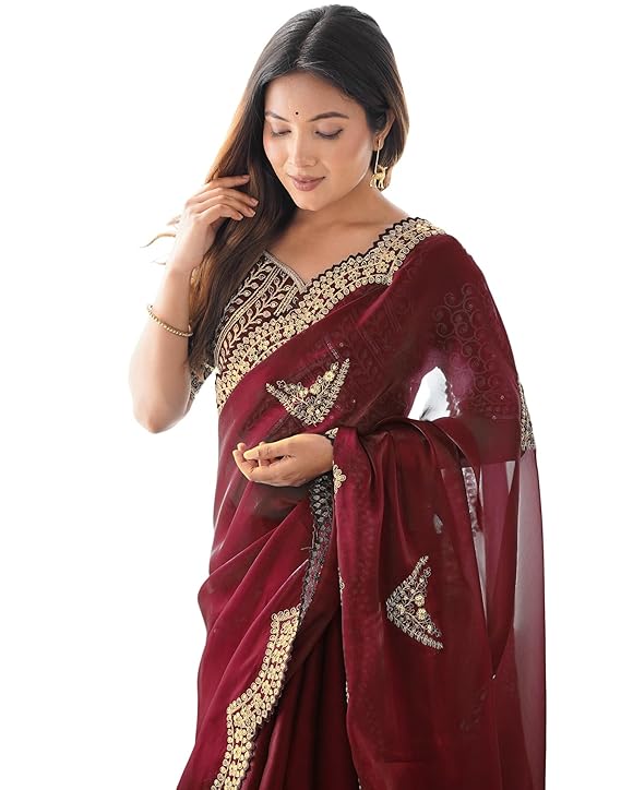 Women's Tissue Soft Silk Embroidered Saree With Unstitched Blouse