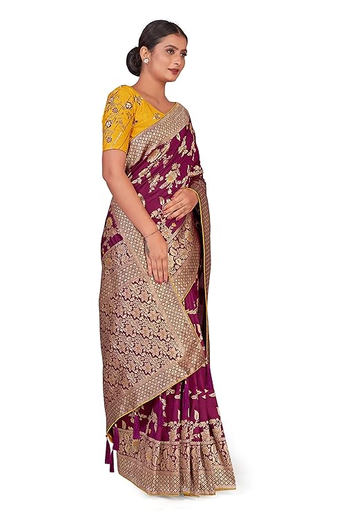 Women's Banarasi Silk Blend Zari Woven Work With Tussles Saree and Embroidered Work Blouse Piece