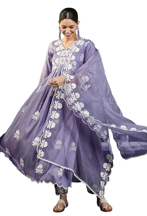 SheWill Women's Silk Blend Chain Work Embroidered A Line Kurta with Pant Set For Wedding, Ethnic Wear