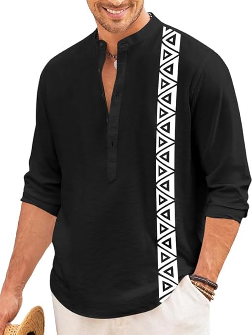 Men’s Short Kurta with Printed Geometric Side Panel | Cotton Blend Full Sleeve Ethnic Topwear with Mandarin Collar | Stylish Indo-Fusion Kurta for Daily, Festive, or Casual Wear