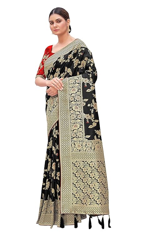Women's Banarasi Silk Blend Zari Woven Work With Tussles Saree and Embroidered Work Blouse Piece