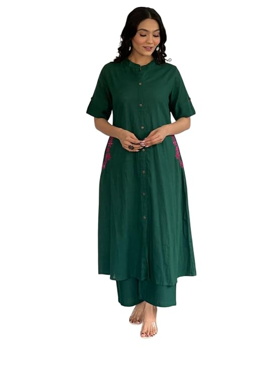 Prarthana Enterprises Women's Cotton Embroiderd Long A-Line Kurti with Palazzo