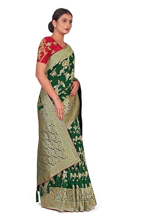 Women's Banarasi Silk Blend Zari Woven Work With Tussles Saree and Embroidered Work Blouse Piece