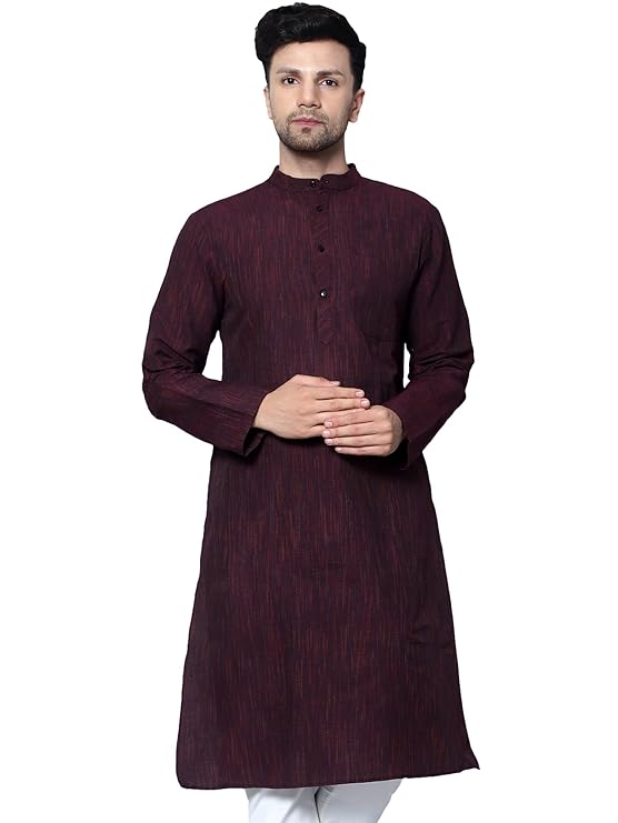 Men's Cotton Regular Textured Long Kurta Full Sleeves - Casual Ethnic Wear