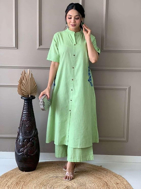 Prarthana Enterprises Women's Cotton Embroiderd Long A-Line Kurti with Palazzo