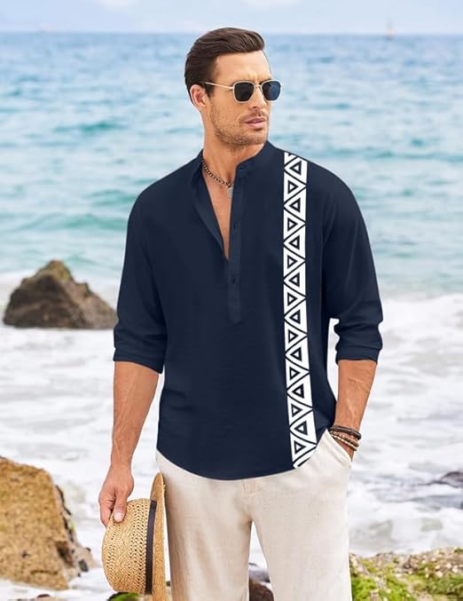 Men’s Short Kurta with Printed Geometric Side Panel | Cotton Blend Full Sleeve Ethnic Topwear with Mandarin Collar | Stylish Indo-Fusion Kurta for Daily, Festive, or Casual Wear