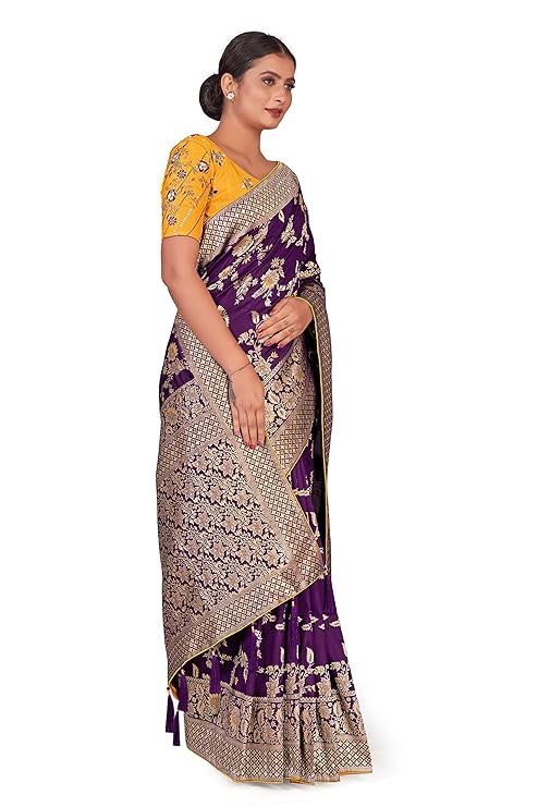 Women's Banarasi Silk Blend Zari Woven Work With Tussles Saree and Embroidered Work Blouse Piece