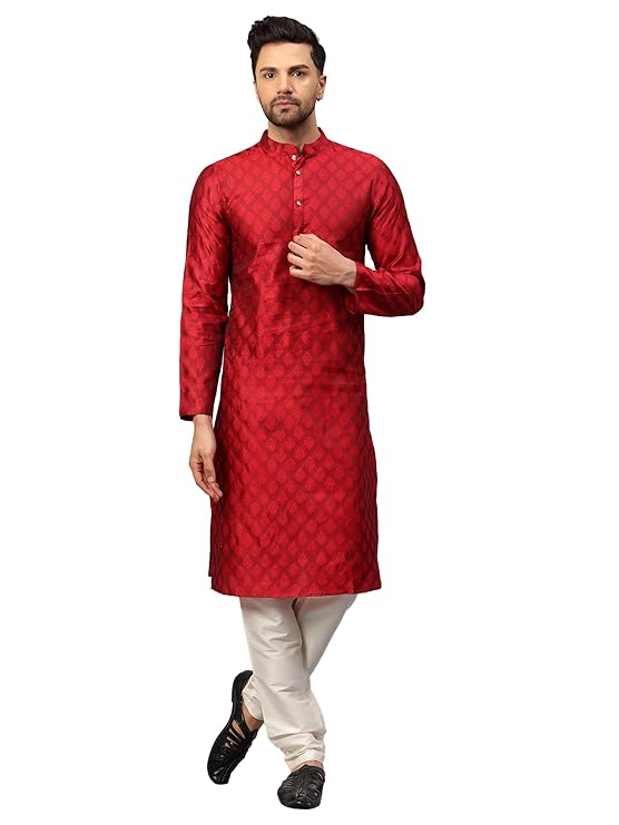 Men's Silk Blend Jacquard Kurta Set with Off-White Pant Style Pajama | Festive&Wedding-Ethnic-Wear