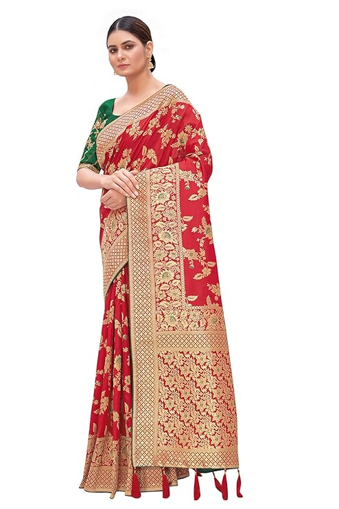 Women's Banarasi Silk Blend Zari Woven Work With Tussles Saree and Embroidered Work Blouse Piece