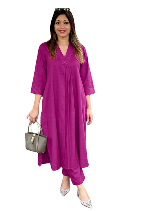 Women's Cotton Plain Coard set A-Line Straight Kurti With Pant