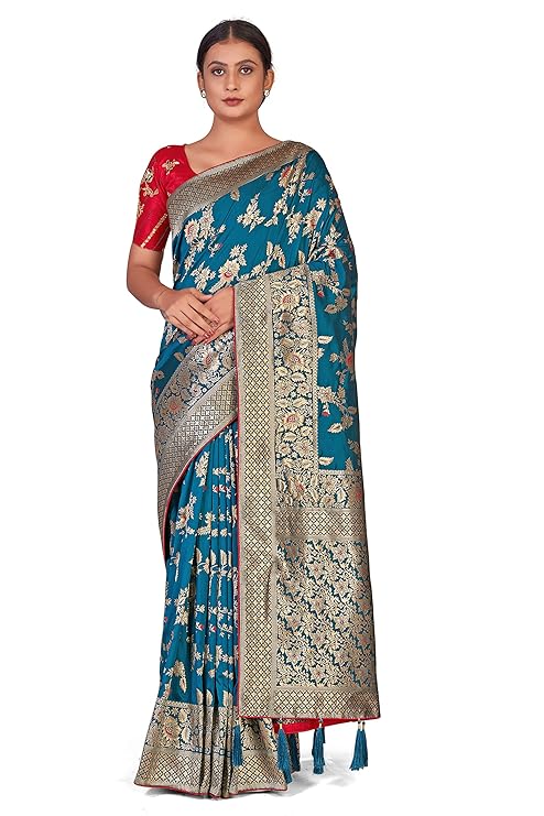 Women's Banarasi Silk Blend Zari Woven Work With Tussles Saree and Embroidered Work Blouse Piece