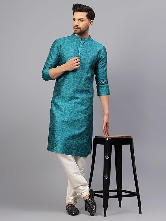 Men's Silk Blend Jacquard Kurta Set with Off-White Pant Style Pajama | Festive&Wedding-Ethnic-Wear